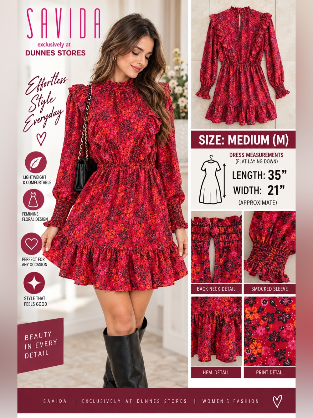 Savida Women’s Floral Ruffle Mini Dress Size M Red Pink Long Sleeve NWT